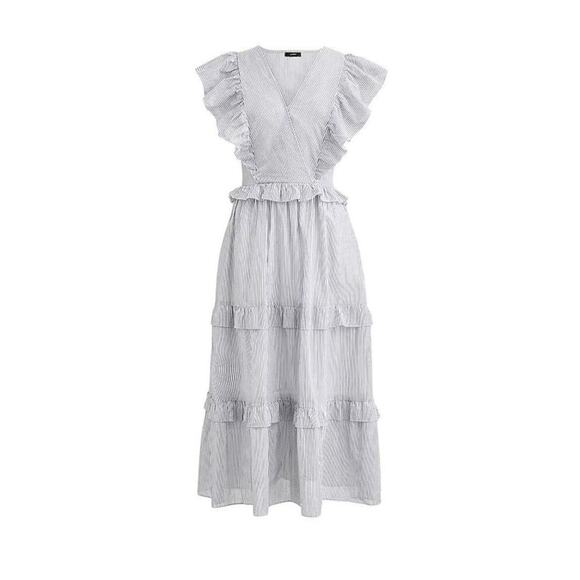 J. Crew Ruffle Sleeve Cotton Voile Midi Dress Size L Striped Gray V Neck Cottage - Picture 16 of 16